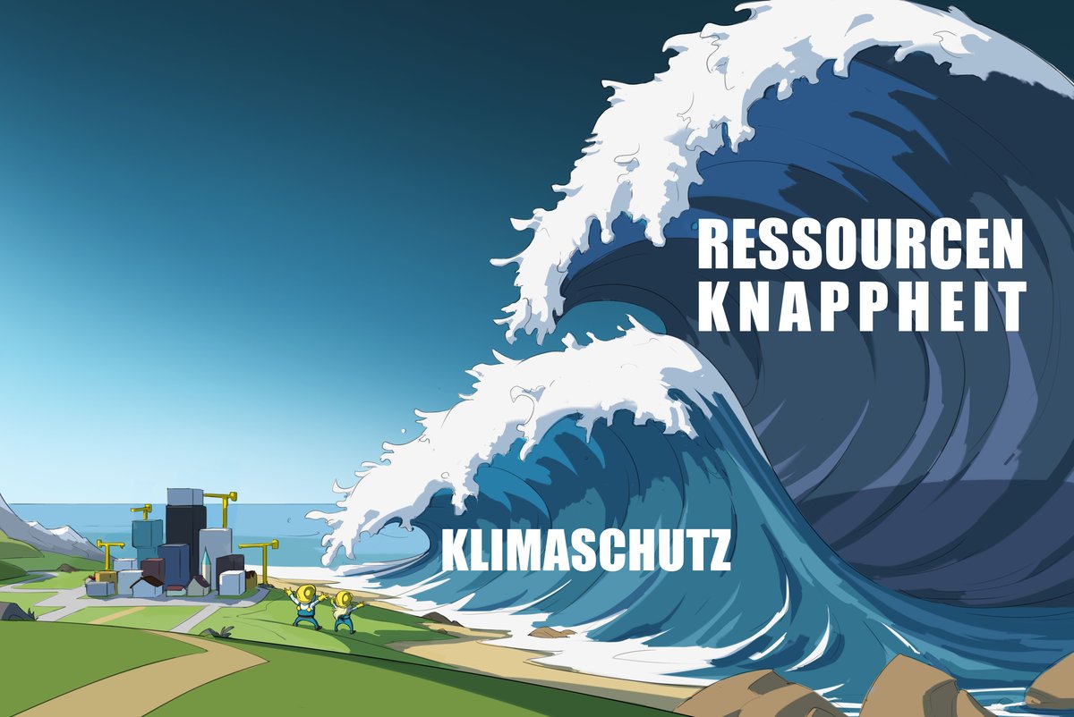 Grafik, wie eine "Klimaschutz-Welle" auf eine Stadt zurollt. Noch eine grössere Welle im Hintergrund, welche die Ressourcenknappheit symbolisiert.