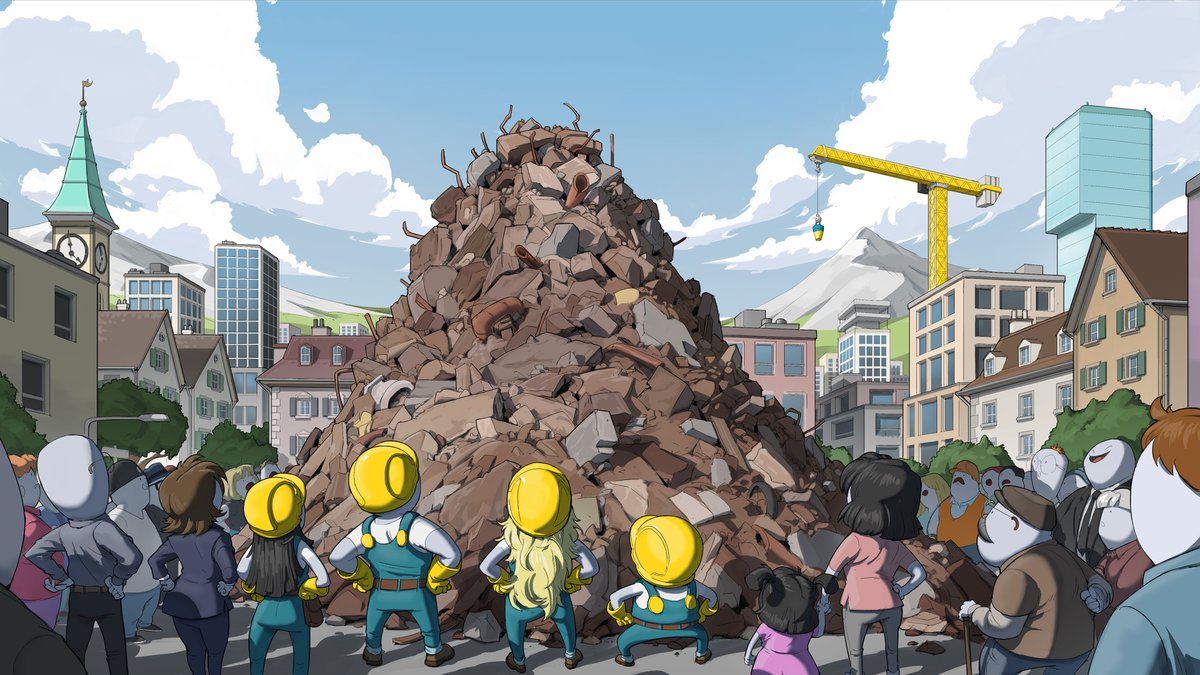 Visualisierung der Abfälle mit Bevölkerung im Vordergrund in Comicform.